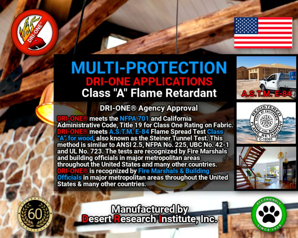 Fire Retardant Spray (Class A for Fabric, Wood, Theater Curtains & More) Eco-Safe, Non Toxic, C.A.C. Title-19, ASTM E84, DRI-ONE