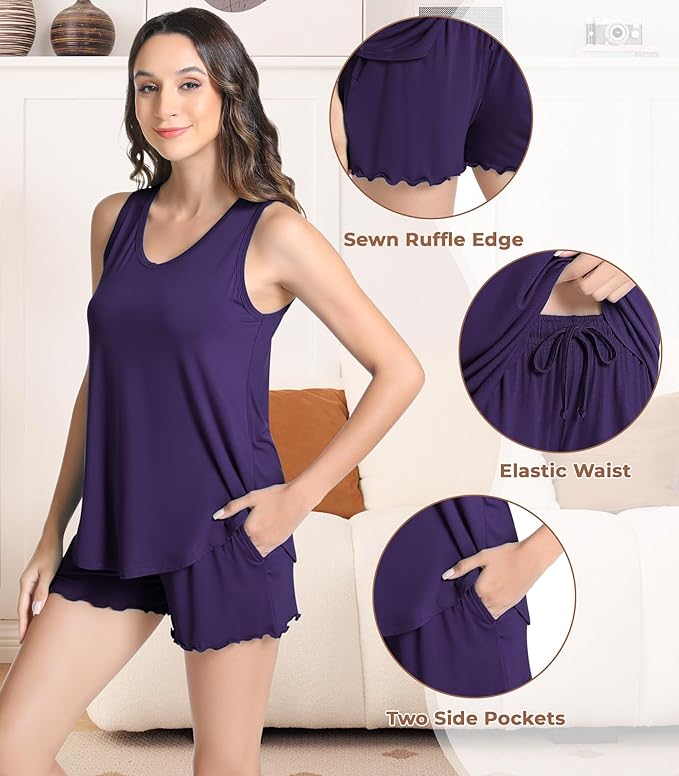 NACHILA Pajamas for Women-Viscose from Bamboo, Ribbed Racerback Tank Top Sexy Split Shorts Pajama Sets Cooling Sleep Cami Pjs