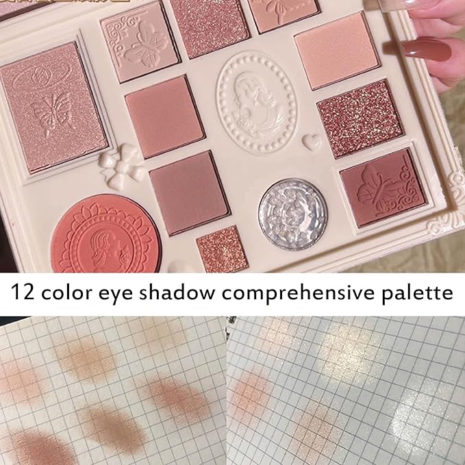 Lace 12 Color Eyeshadow Palette, Blendable Shimmer and Matte Nudes Shades, All In One Makeup Blush Highlighter, Pink