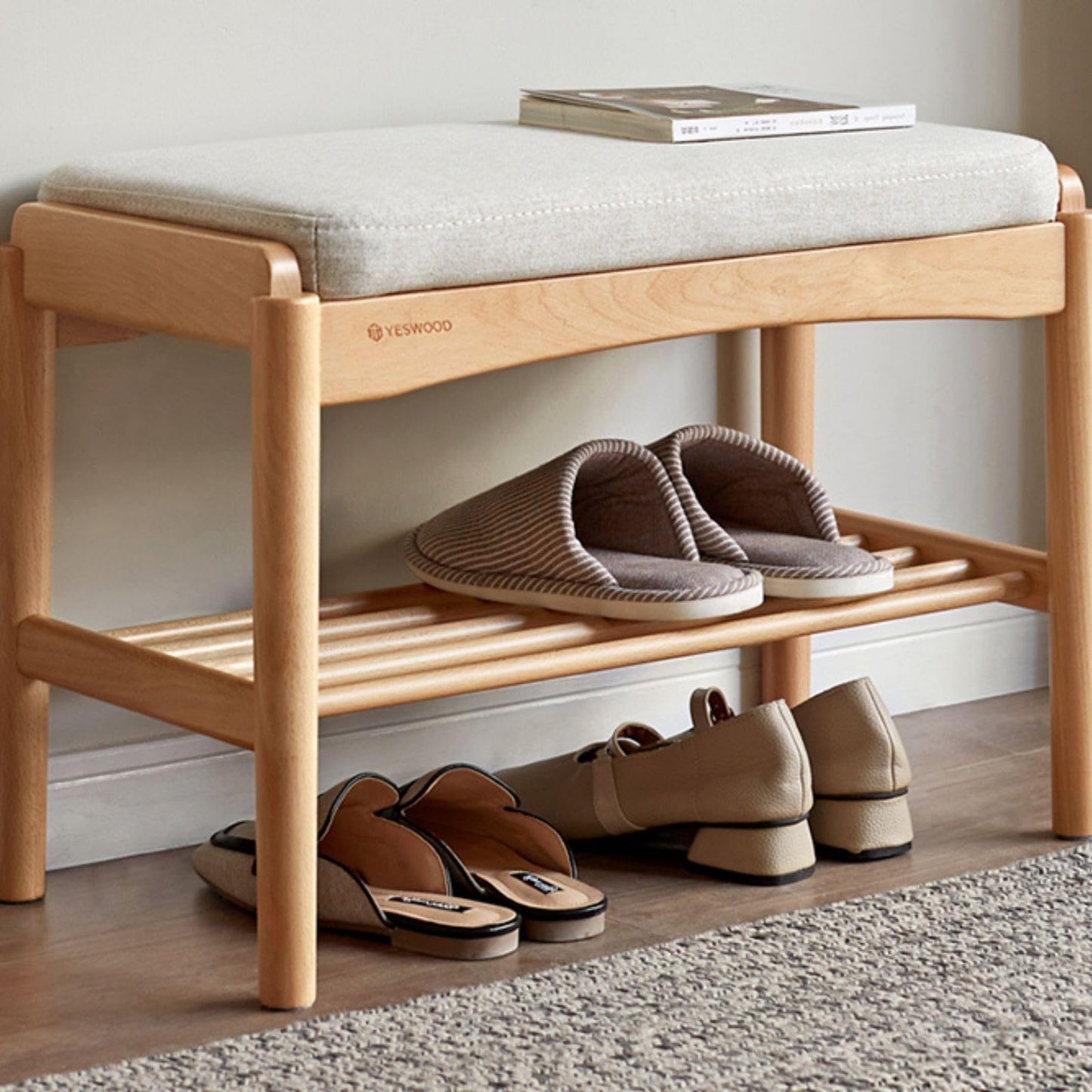 Vadisun Solid Wood Shoe Bench Assembled, Shoe Rack Bench with Cushion for Entryway, Living Room, Bedroom, Hallway, 11.8" x 23.6" x 16.5", Natural