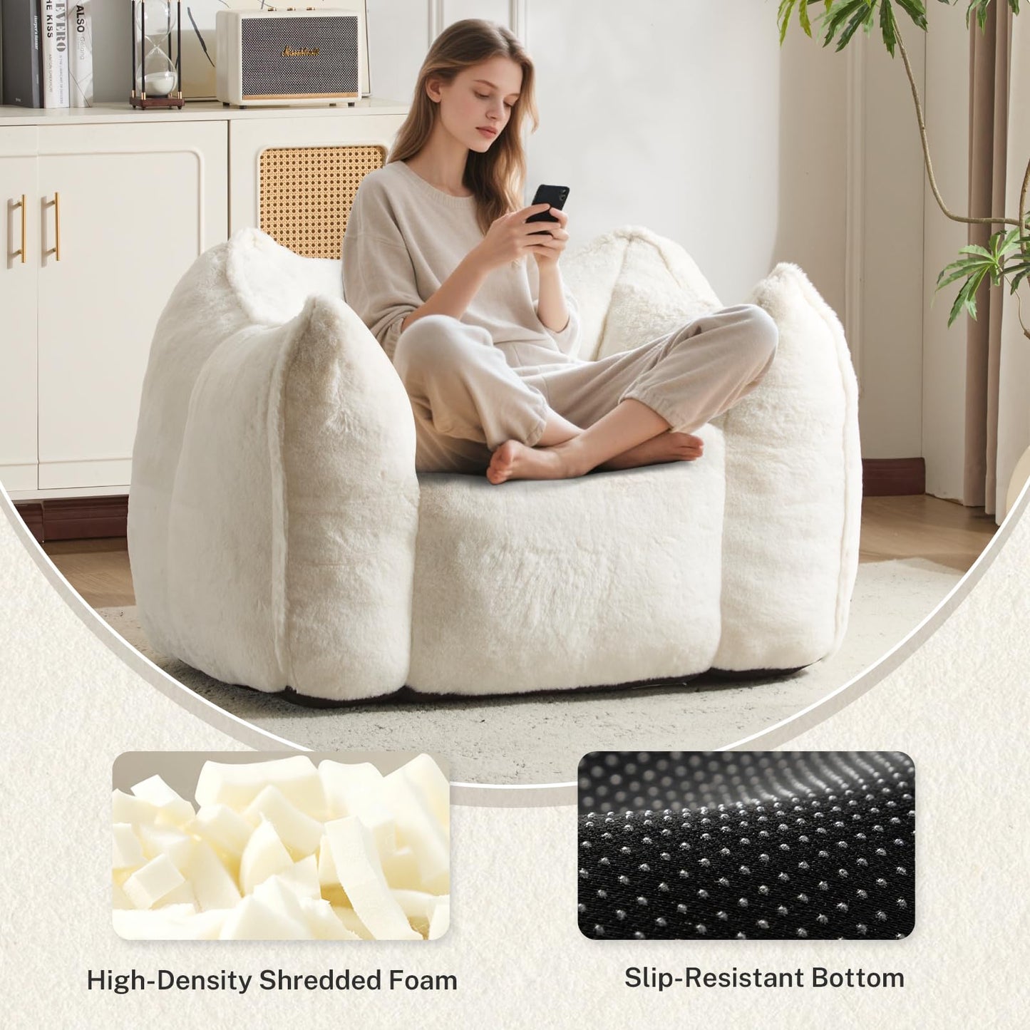 Giant Bean Bag Chair, Comfy Large Bean Bag Chairs for Adults and Kids, Fluffy Faux Rabbit Fur Floor Sofa for Living Room Bedroom Apartment, Beige