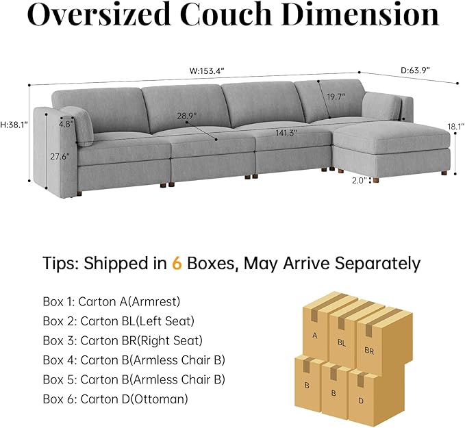 CUGOAO 153.4'' Modular Sectional Sofa, Oversized L-Shaped Sectional Couch with Ottoman, Deep Seat Chenille Cloud Couch, Mordern Upholstered Couches for Living Room, Apartment, Office, Grey