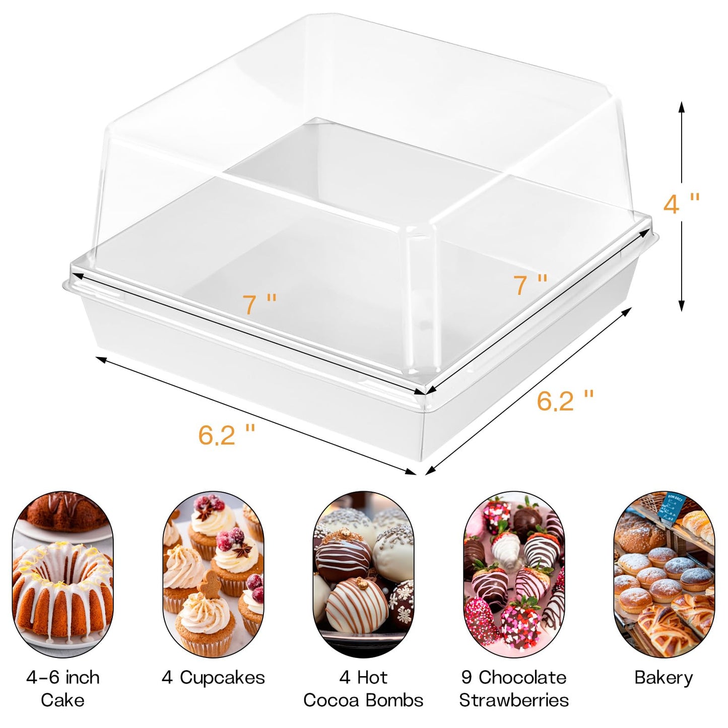 ZORRITA 7 x 7 x 4 Inches Paper Cake Boxes with Clear Lids, 20 Pack Disposable Charcuterie Boxes Square Food Containers for 4-6 Inch Cake, Dessert, Pie, Cupcake, Bakery (White)