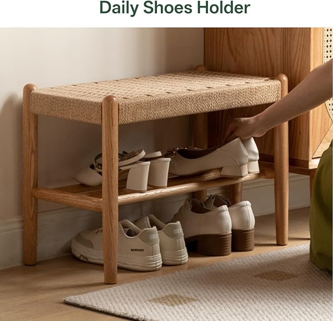 Vadisun Solid Oak Shoe Bench Assembled, Farmhouse Shoe Rack Bench with Woven Rope Design for Entryway, Living Room, Bedroom, Hallway, 11.8" x 31.5" x 16.1", Natural
