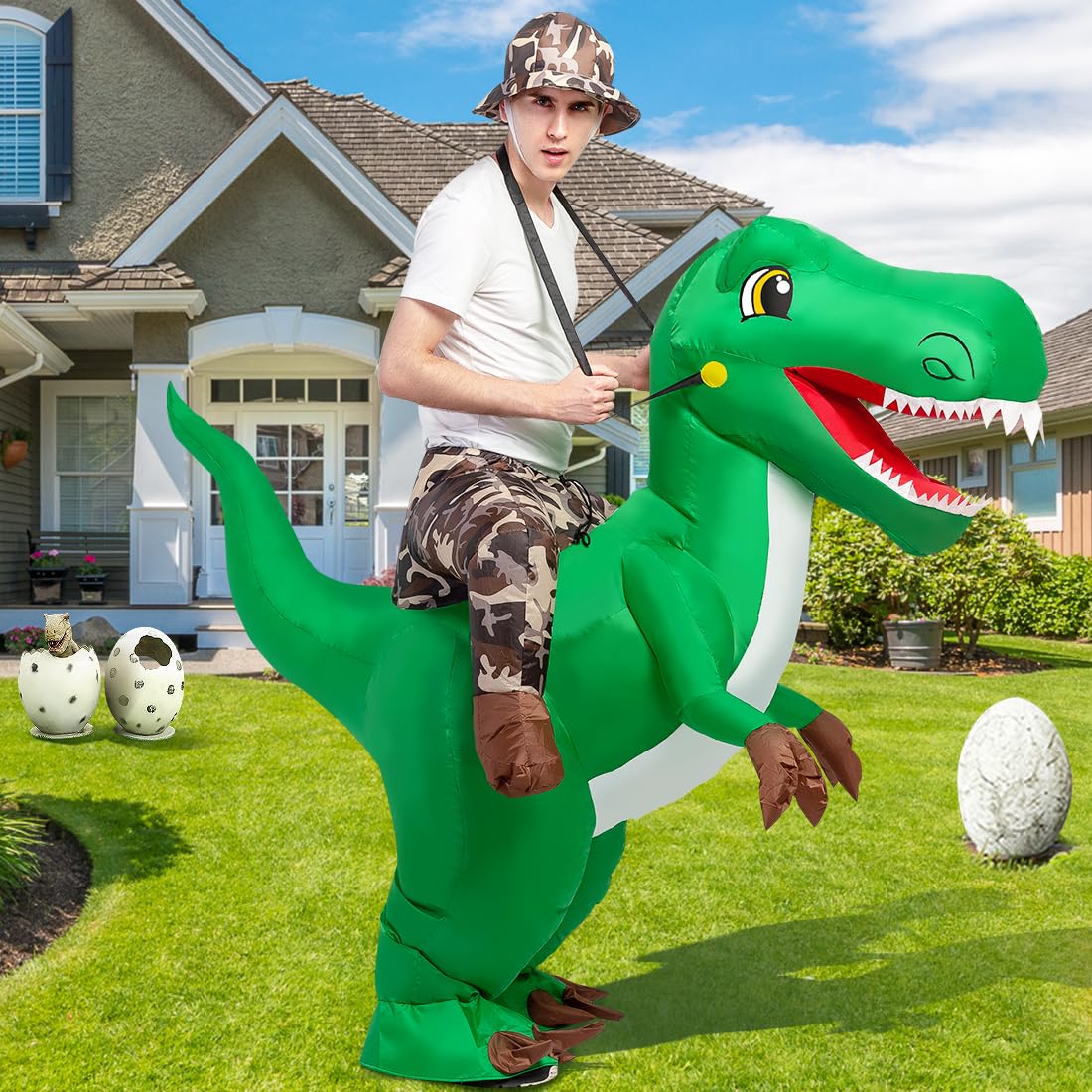 GOOSH Inflatable Dinosaur Costume for Adult Halloween Costume Women Man 63IN Funny Blow up Costume for Halloween Party Cosplay