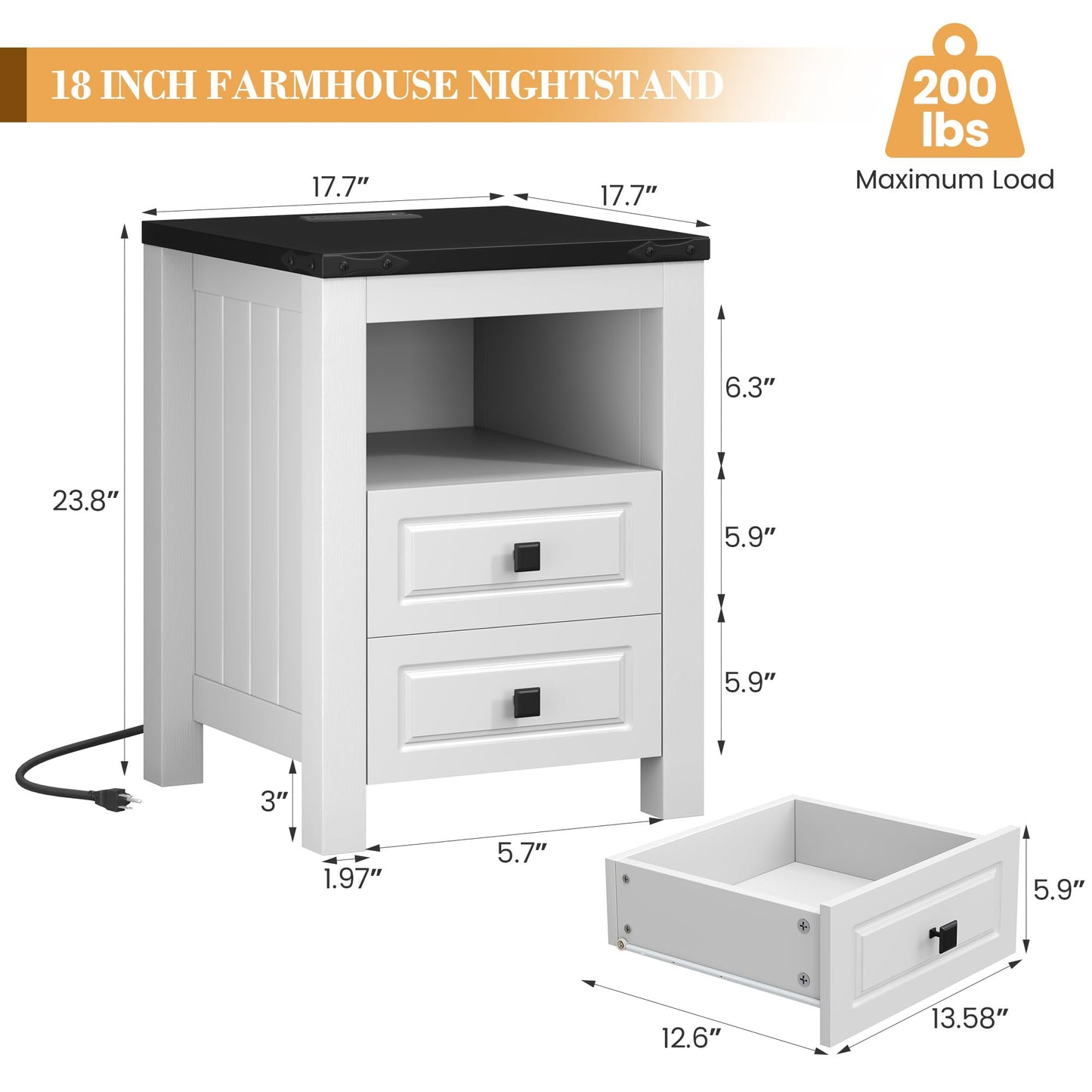 Apicizon End Table Set of 2, Farmhouse End Tables with Charging Station, Nightstand with Drawers and Storage Cabinet, Small Coffee Table for Small Spaces, Sofa Side Table for Living Room, Bedroom
