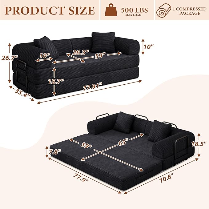 77" Convertible Sofa Bed, Modular Folding Futon Corduroy Floor Foam Compressed Loveseat Sleeper Sofa Couch, Pull Out Queen Size Couch Bed with 2 Pillows for Living Room Guest Room Studio, Black