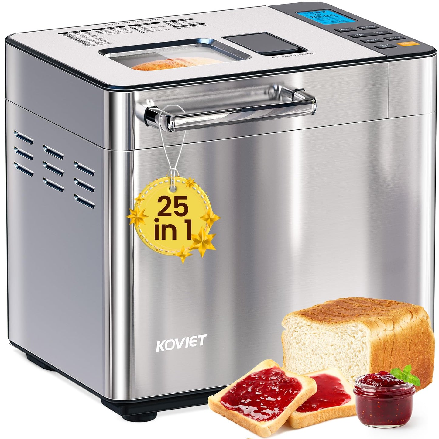 KOVIET 25-in-1 Bread Maker Machine with Automatic Dual Dispenser, 2LB Stainless Steel Breadmaker with Gluten-Free, Dough, Jam, Yogurt etc Settings, Silver