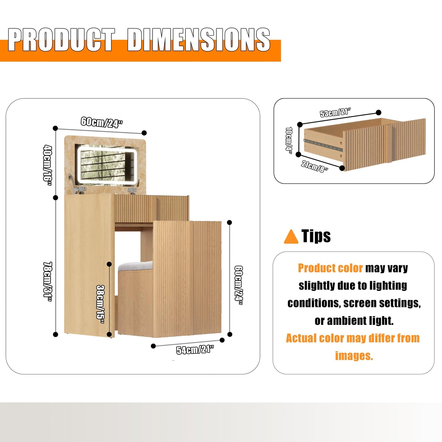 ALLHOMWIE 3 in 1 Makeup Vanity Desk with Lights and Flip Top Mirror, 24" Modern Compact Vanity with Hidden Chair, Makeup Set with 2 Drawers and Reinforced Legs, Light Oak