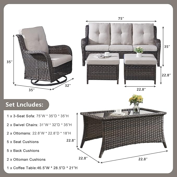 Rilyson Wicker Patio Furniture Set - 6 Piece Rattan Outdoor Sectional Conversation Sets with 2 Swivel Rocking Chairs,2 Ottomans,1 Sofa and 1 Coffee Table for Porch Deck Garden(Brown/Beige)