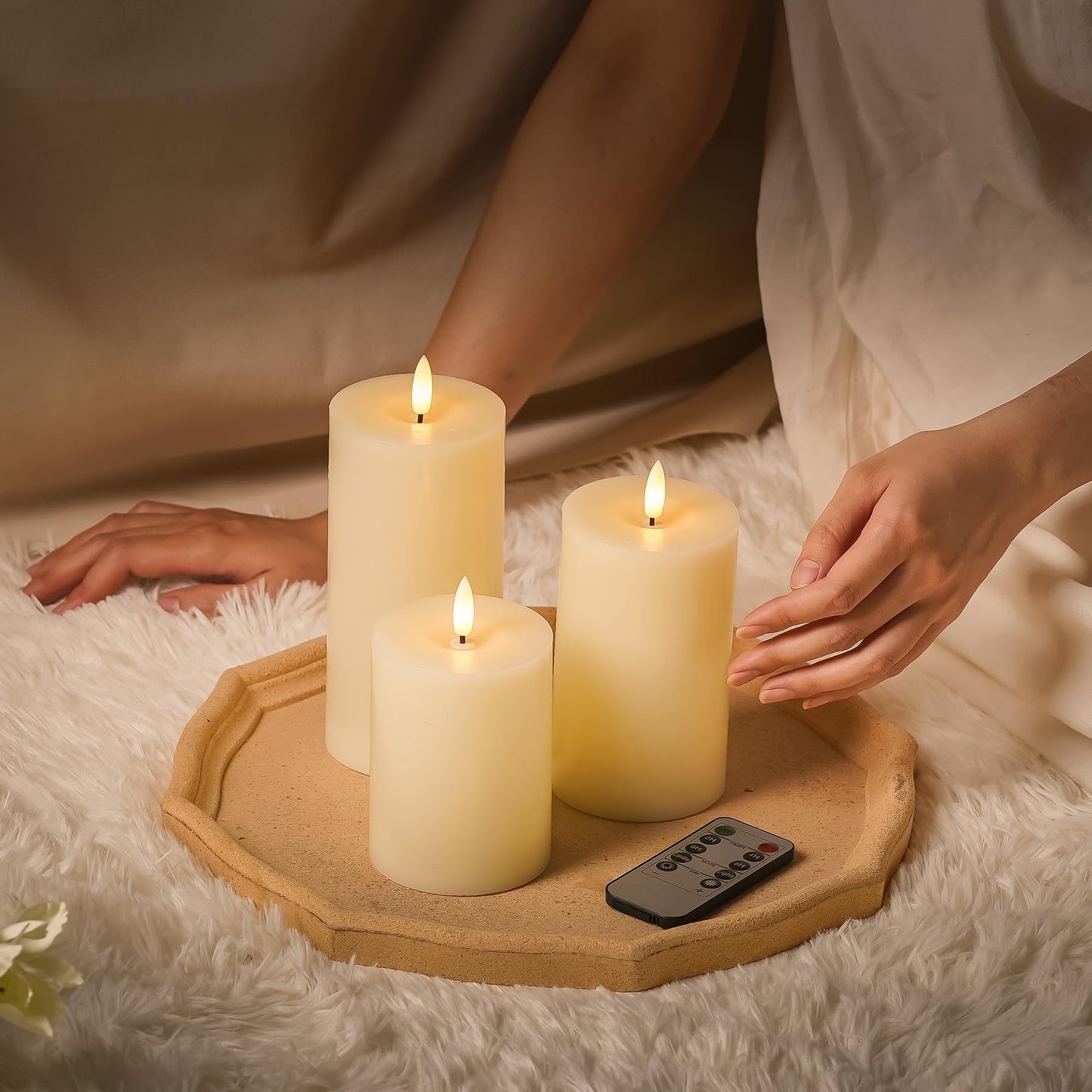 Stmarry Ivory Flameless Candles with Remote and Timer, Real Wax Made LED Pillar Candles Battery Operated with 3D Flickering Flame - 3" x 4", 3" x 5", 3" x 6" - Set of 3