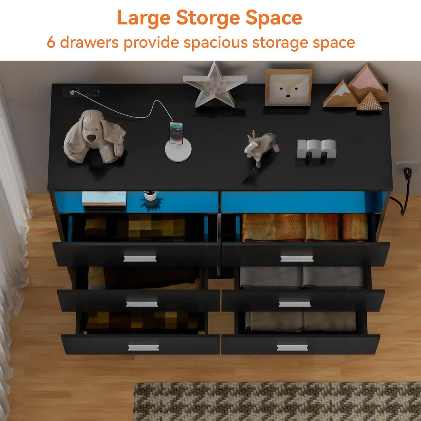 FJTJBSI Dresser with Power Outlets and LED Lights Wooden 6 Drawer Dresser with Large Organizer Tall Black Drawer for Bedroom Modern Chest of Drawers Closet for Living Room Kids Room