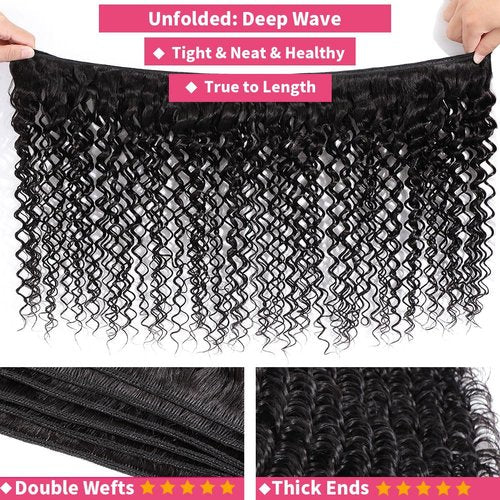 msVenus 12A Deep Wave Bundles Human Hair 16 18 20 Inches 100% Unprocessed Indian Human Hair Bundles Wet and Wavy Raw Virgin Hair Curly Weave 3 Bundle Deal (Natural Color, 16 18 20 Inches)