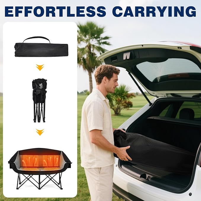 apollo walker Heated Double Camping Chair - Extra Wide Heavy Duty 600lbs Camping Couch with Adjustable Heating, Dual Cup Holder & Carry Bag, Loveseat Camping Chair for Outdoor, Lawn, Park