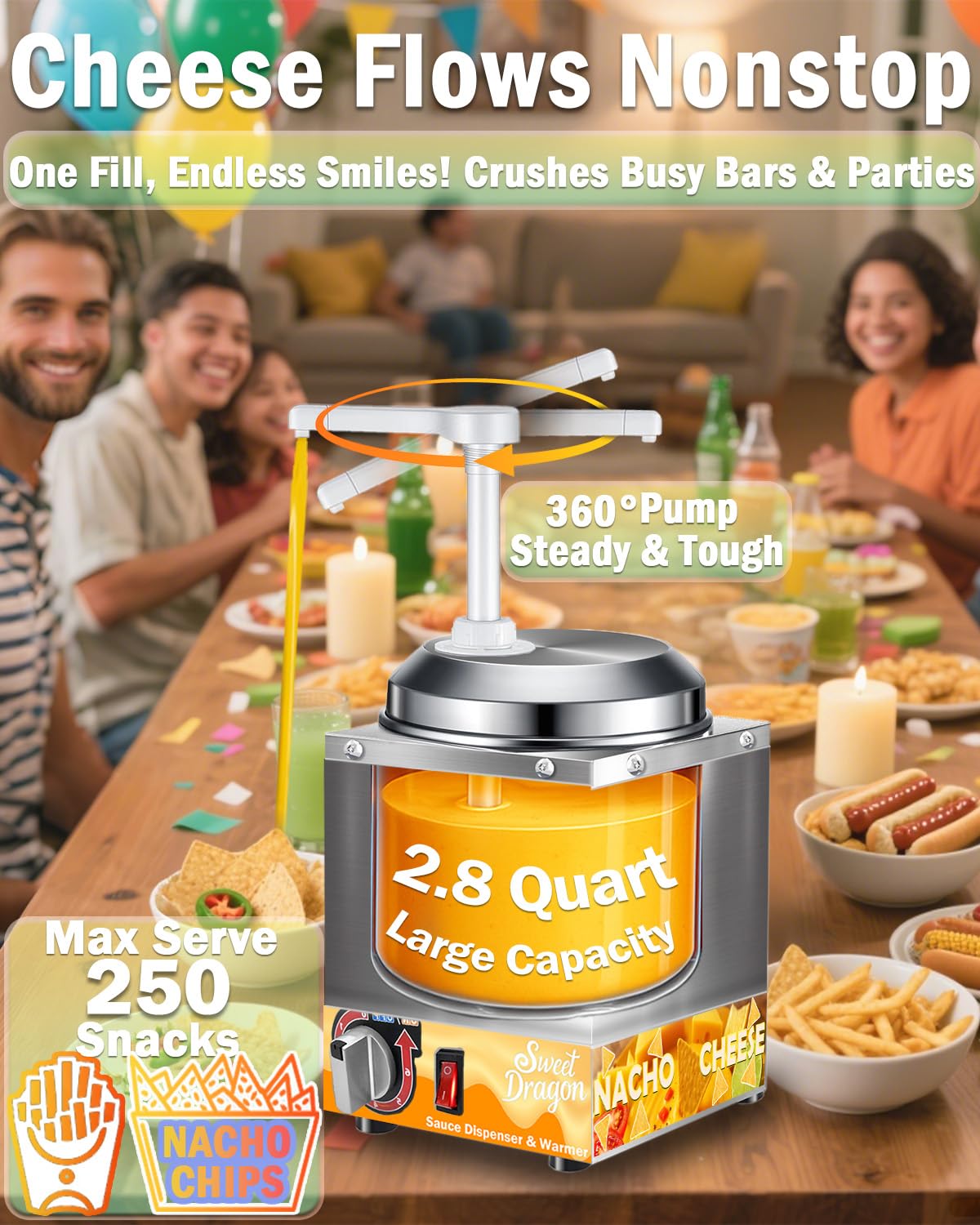 Nacho Cheese Dispenser with Pump, 2.8 Qt Nacho Cheese Warmer, Stainless Steel Hot Fudge Cheese Melter Warmer W/6-Level Temperature Adjustment, Commercial Sauce Dispenser for Butter Syrup Caramel