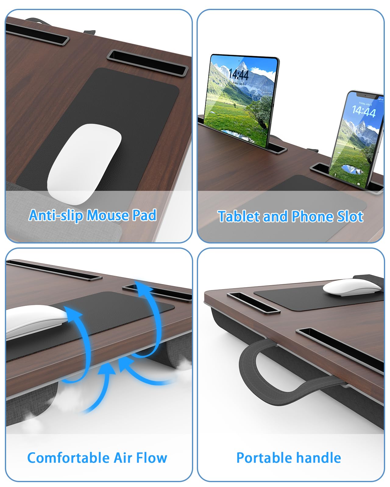 HETTHI Laptop Lap Desk, Portable Large Laptop Desk for Bed, Up to 17 in Lap Table with Wrist Rest, Mouse Pad, Tablet Phone Slot, Portable Handle, Lap Tray with Cushion (Dark Brown)