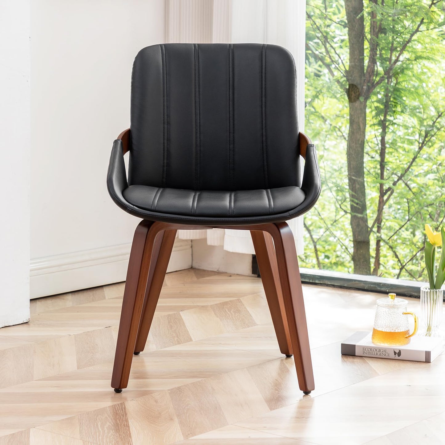 YOUUGIOR Mid Century Modern Faux Leather Upholstered Dining Chairs,Armless Accent Chairs with Sturdy Natural Wood Legs,Bamboo Backrest Support for Kitchen&Dining Room Chairs(1PCS,Black)