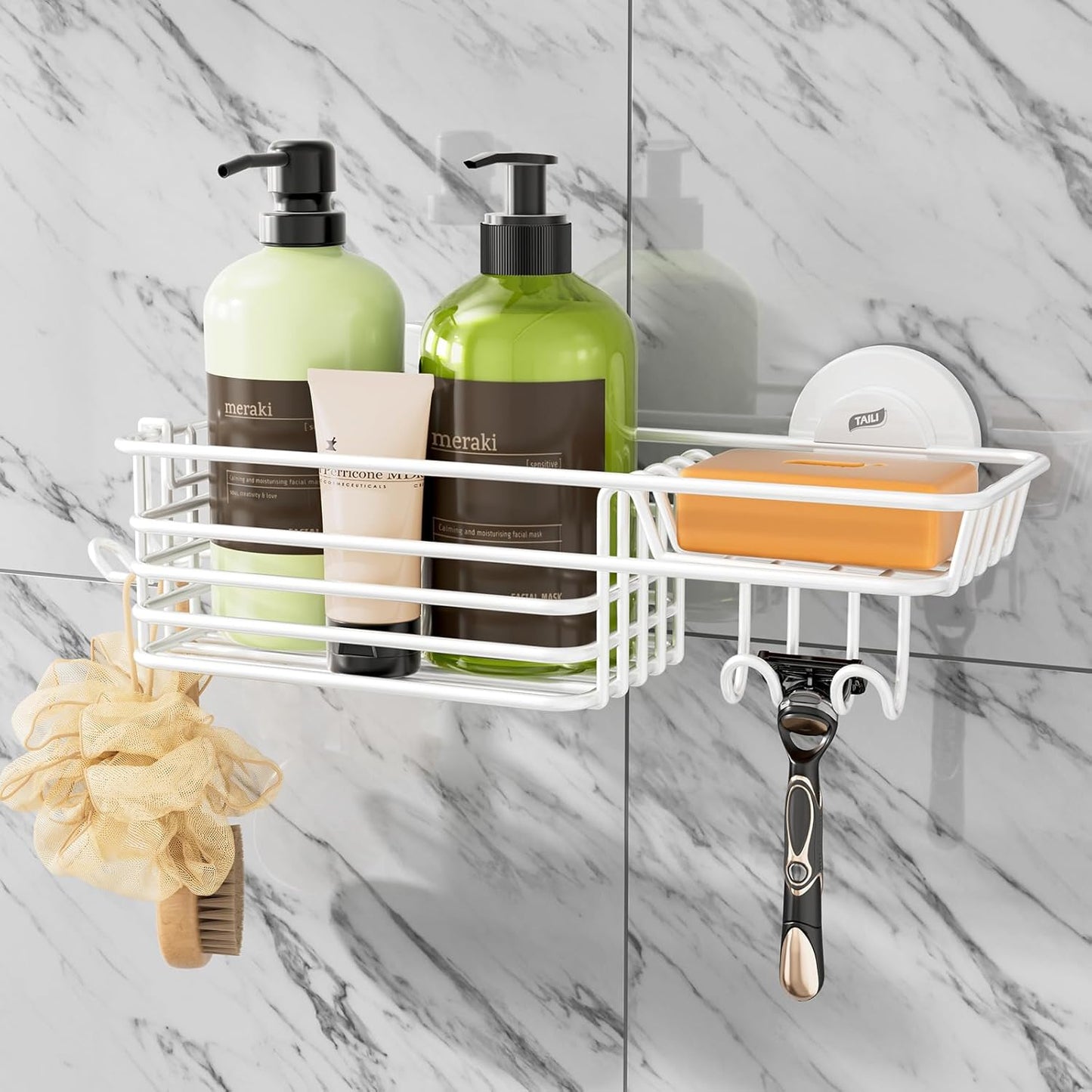 TAILI Shower Caddy Suction Cup with Hooks & Soap Holder, Heavy Duty Bathroom Shower Organizer, No Drilling Shelves for Inside Bathroom, Metal Storage Basket-White