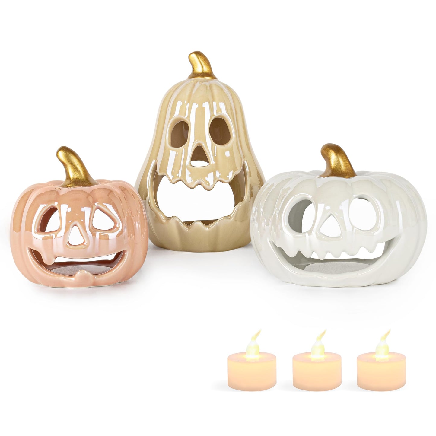 Sunlit Ceramic Pumpkin with 3 Tea Lights, Jack-O-Lantern Candle Holder Set of 3, Tabletop Indoor Halloween Decorations for Holiday Party Home, Pearl Finish