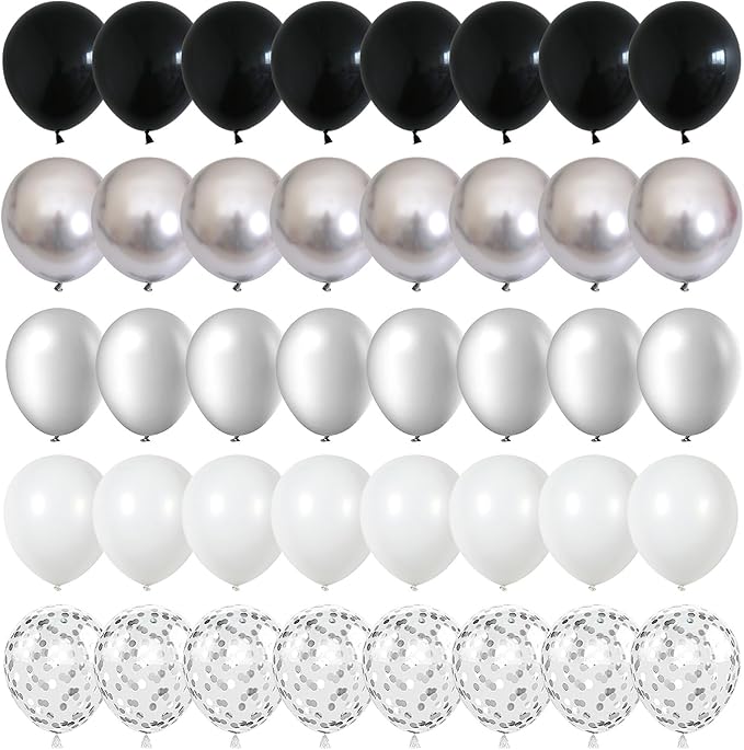 Black and Silver Balloons, 60 Packs 12 Inch Chrome Metallic Silver Balloons and Confetti Balloons, Black White Silver Ball...