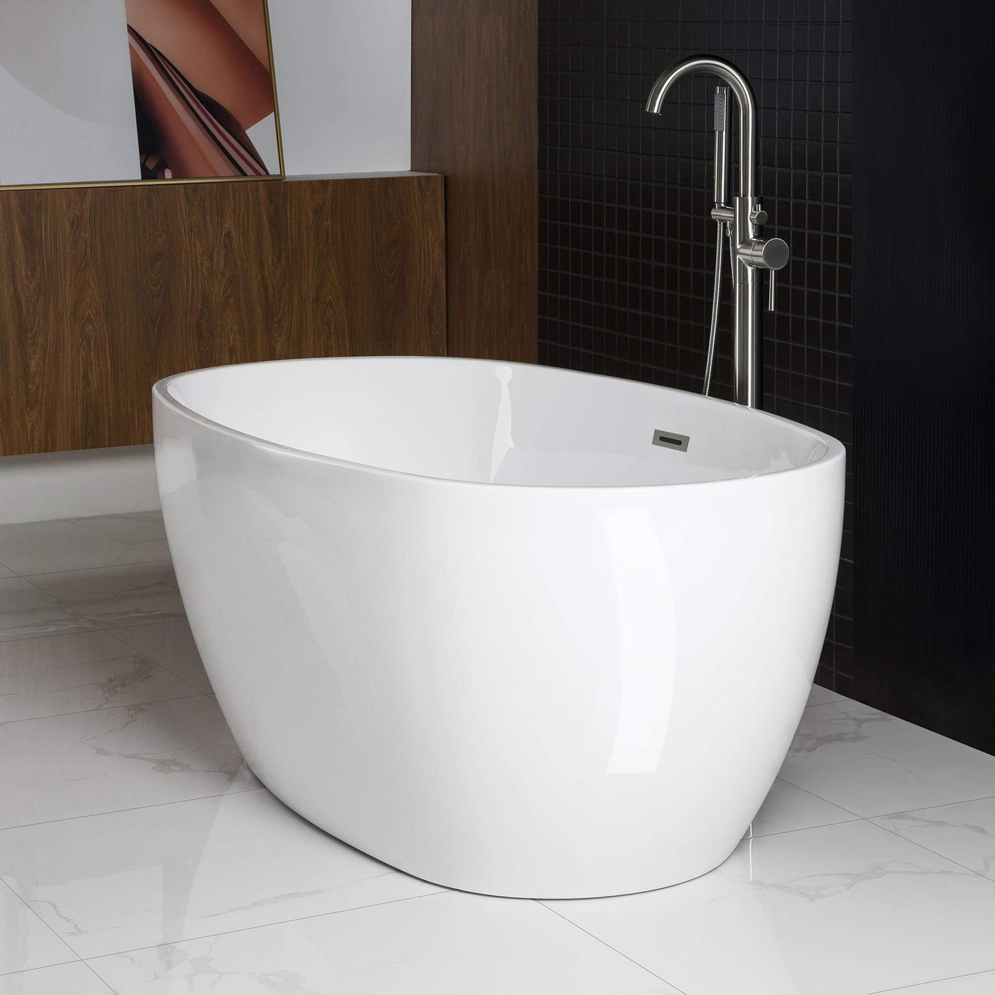WOODBRIDGE 59"Freestanding White Acylic Soaking Bathtub with Brushed Nickel Drain and Overflow,BTA1518 -B/N-Drain &O