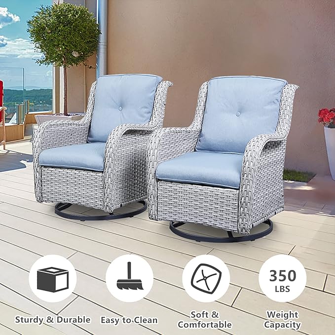 Belord 5 Piece Outdoor Patio Furniture Set - Wicker Furniture Patio Conversation Set, Outdoor Swivel Rocker Chairs with 3-Seater Sofa and 2 Ottomans for Small Space, Baby Blue Cushion