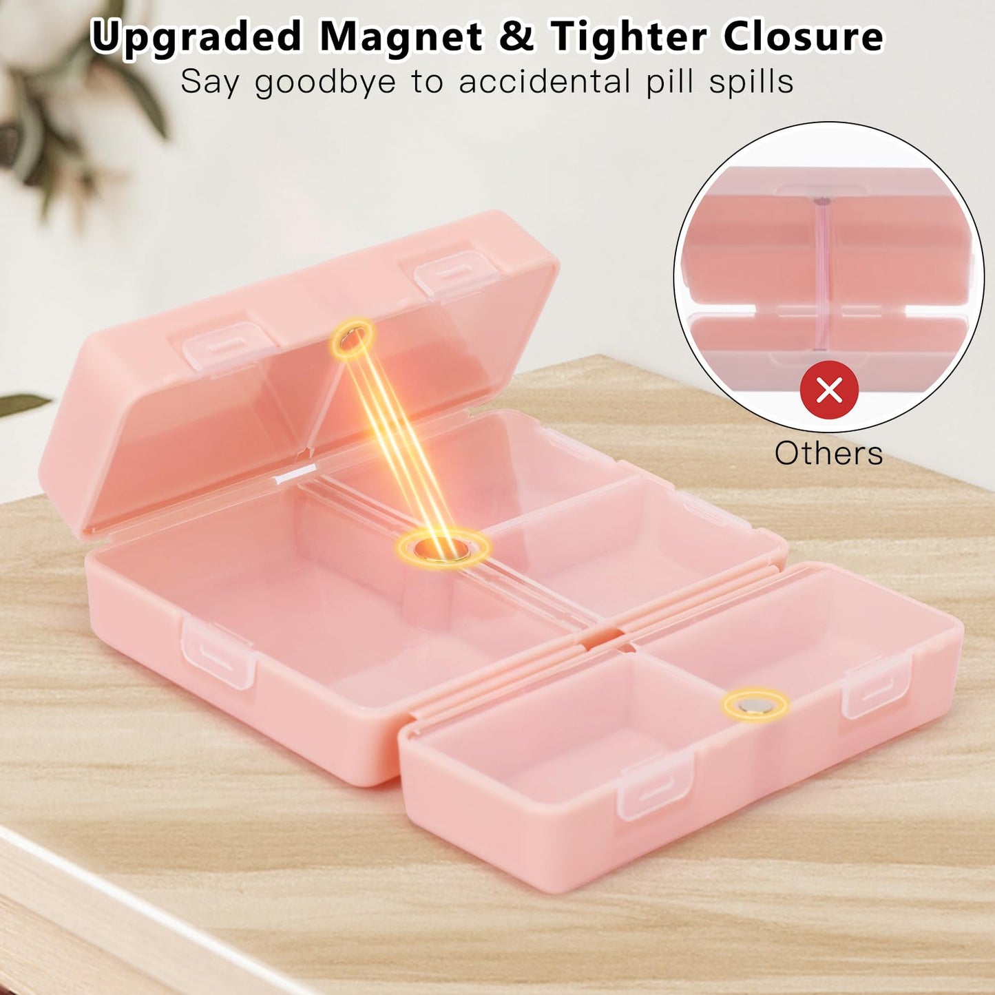 FYY 2 Pcs Daily Pill Organizer, 7 Compartments Portable Pill Case Travel Pill Organizer,[Folding Design] Pill Box for Purse Pocket to Hold Vitamins,Cod Liver Oil,Supplements and Medication-Pink+Navy