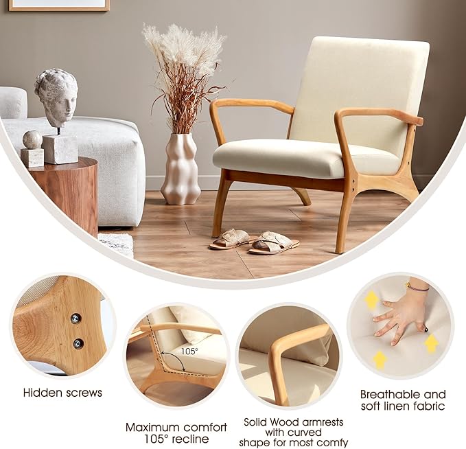 ELUCHANG Accent Chair with Lumbar Pillow,Mid-Century Modern Accent Chair Armchair, Linen Fabric Comfy Reading Chair Lounge Side Chair for Living Room Bedroom Apartment,Easy Assembly(Beige,2PCS)