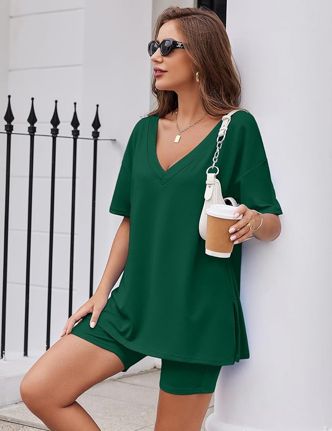 Ekouaer Womens Pajamas 2 Piece Lounge Sets Oversized V Neck T-Shirts Tops Biker Shorts Set Workout Reversible Tracksuit S-XXL