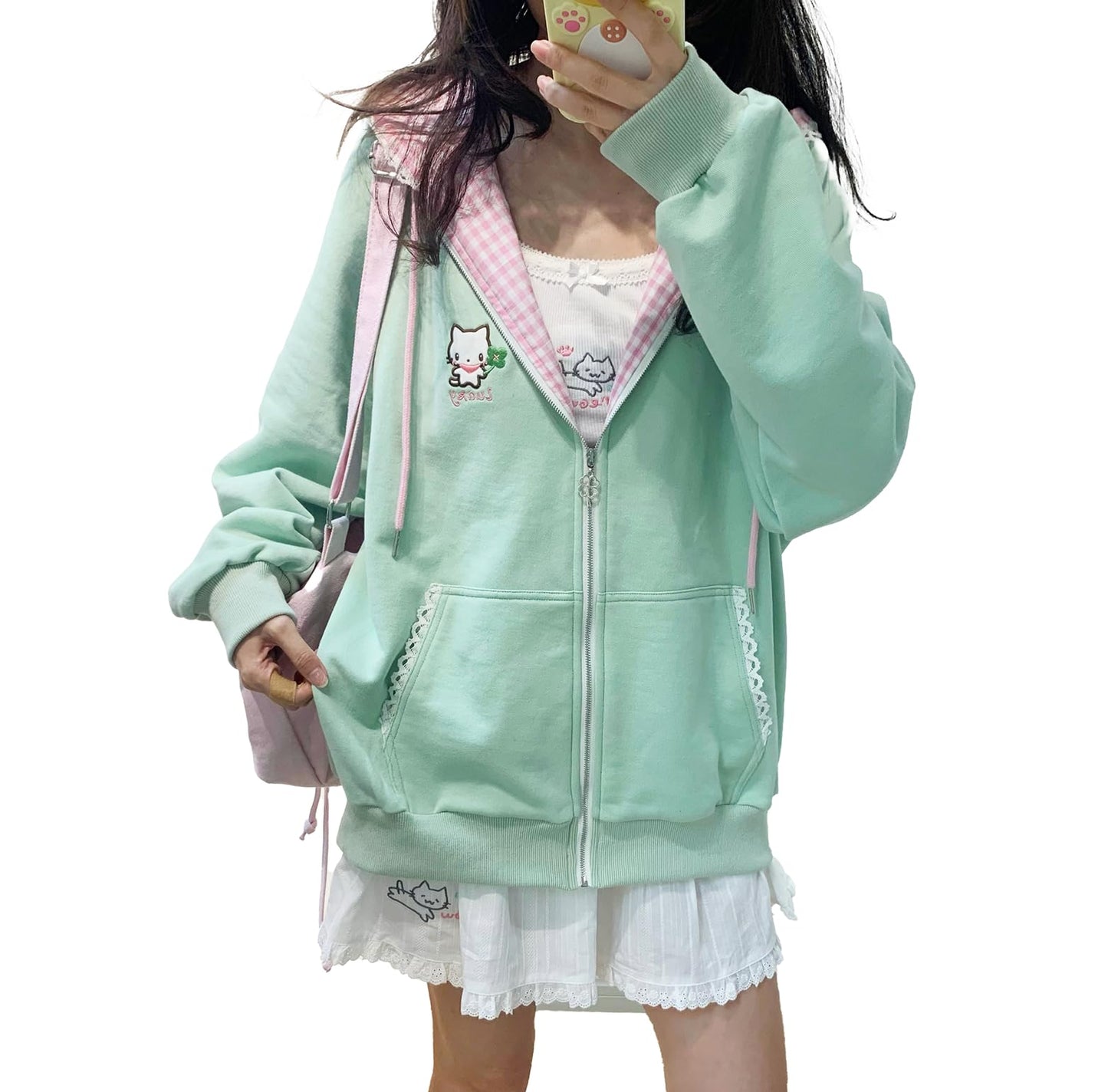 OATSBAS Women's Y2K Cute Floral Hoodies Kawaii Zip Up Hoodies Cartoon Cat Embroidery Oversized Pullover Sweatshirt (Green,Small)
