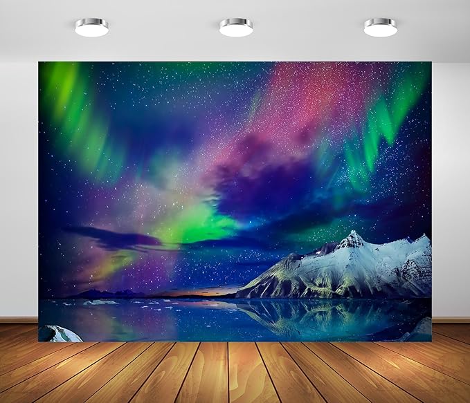 BELECO 7x5ft Fabric Gorgeous Northern Lights Backdrop Norway Aurora Borealis Alaska Snow-Capped Mountains and Sea View Bac...