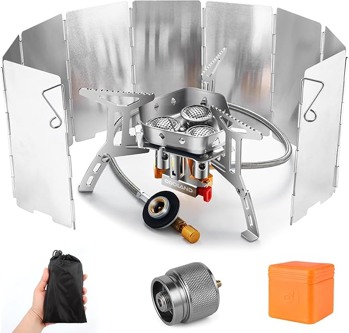 Odoland 3500W/6800W Windproof Camp Stove Camping Gas Stove with Windscreen, Fuel Canister Adapter, Piezo Ignition for Outd...