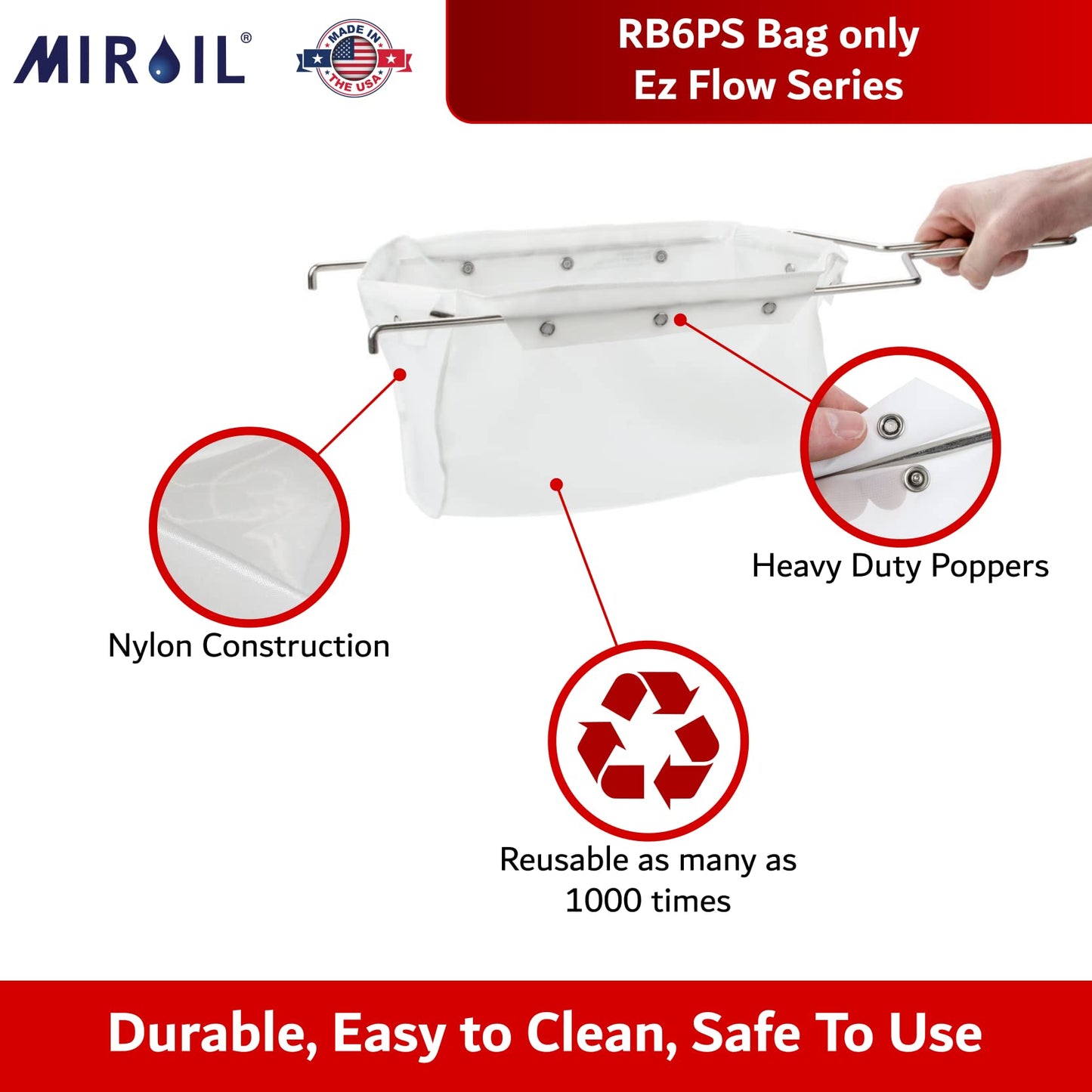 MirOil RB6PS EZ Flow Deep Fryer Oil Filter Bag – Reusable Grease Strainer to Extend Oil Life & Maintain Food Quality – Handles Hot or Cold Liquid – Deep Fryer Filter for Cooking (No Frame Included)