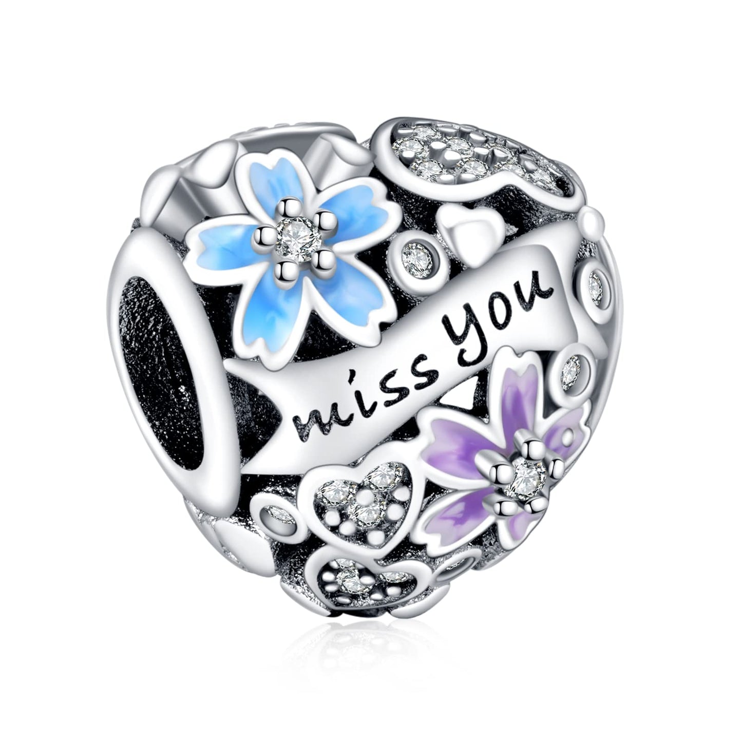 Annmors 925 Sterling Silver Charms fit Bracelets Necklaces Flowers Heart Miss You Beads with 5A Cubic Zirconia Christmas Valenti