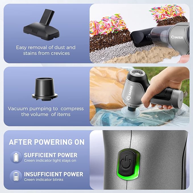 Saker Handheld Vacuum Cleaner Car Wireless Mini Vacuum Cleaner 3 in 1 Multifunctional Brushless Motor 12000PA,Portable Handheld Car Vacuum Cleaner for Keyboard Cleaning, Outdoor and Home