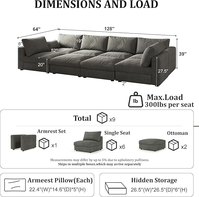 Cloud Modular Sectional Sleeper Sofa with Storage Ottoman, 128" Oversized Sectional Couches for Living Room, Cloud Modular Sleeper Sofa with Chaise, 8 Seater, Chenille, Dark Gray