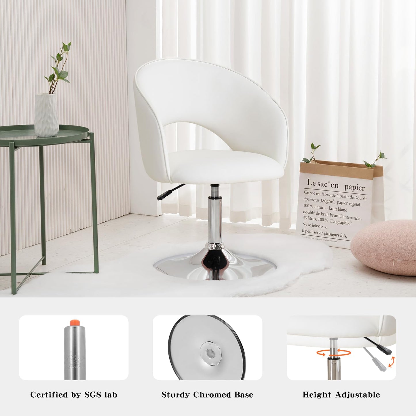 Furnimart Vanity Chair White Leather Vanity Stool, Height Adjustable Accent Chair with Back, Round Swivel Makeup Chair for Living Room Bedroom Vanity Makeup Room (PU White)