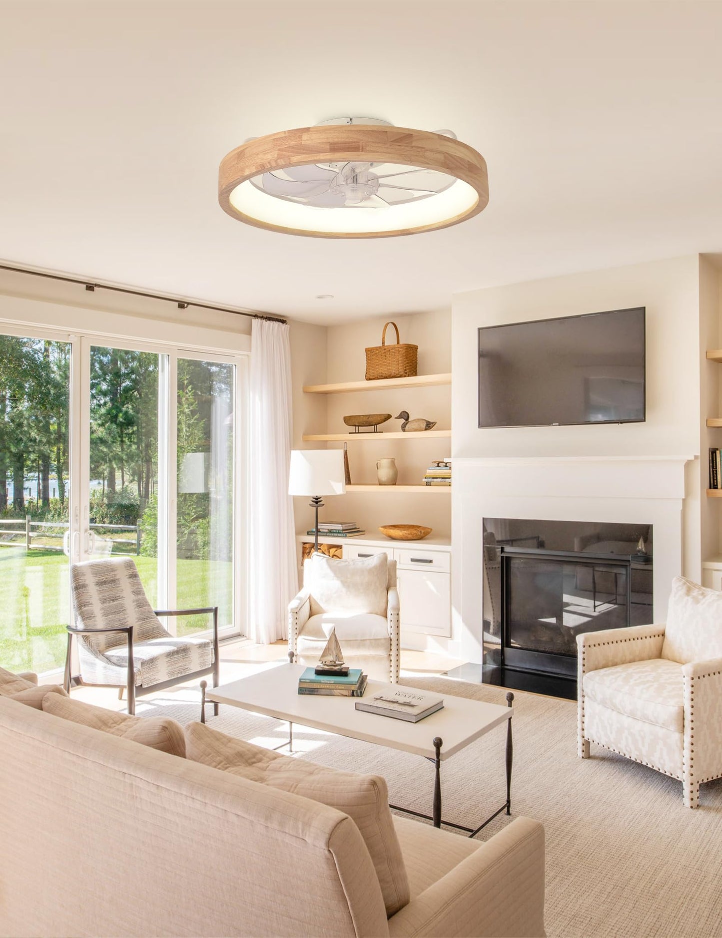 Curve Curio 20'' Low Profile Ceiling Fans with Lights Modern Flush Mount Wood Ceiling Fan and Remote Dimmable LED