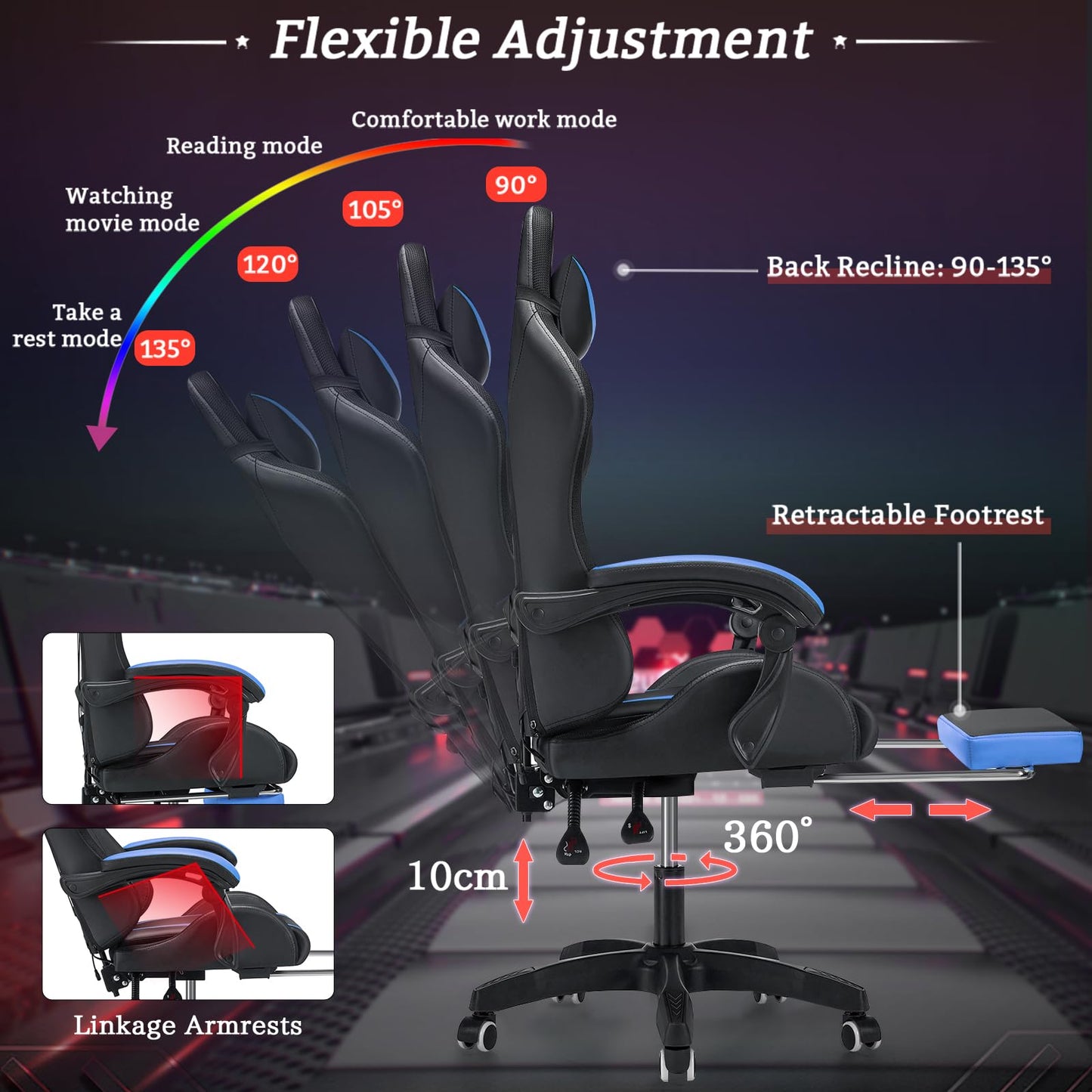 RGB Gaming Chair with Massage and LED Lights Ergonomic Video Game Chairs with Footrest High Back Reclining Computer Chair with Adjustable Lumbar Support Blue and Black