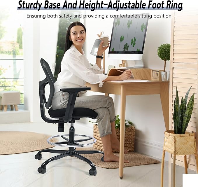 Drafting Chair, Tall Office Chair Ergonomic Standing Desk Chair,Rolling Desk Chair with Adjustable Armrest & Foot Ring,SGS Certified Gas Cylinder,High Rebound Sponge. (Black)