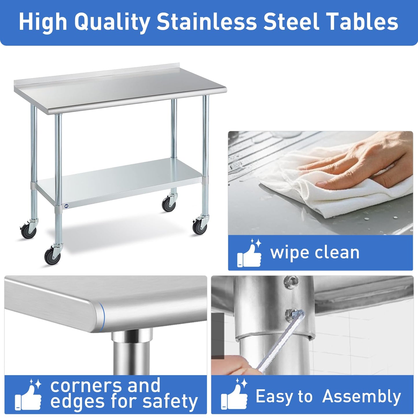 Stainless Steel Table for Prep & Work with Caster & Backsplash 24x60 Inches, NSF Metal Commercial Kitchen Heavy Duty Table with Adjustable Under Shelf and Table Foot for Restaurant, Home and Hotel