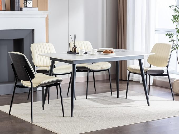 YaFiti Dining Chairs Set of 6, Mid Century Modern Accent Dining Room and Kitchen Chairs, Upholstered PU Leather Vertical Stripe Chairs for Vanity with Walnut Bentwood and Metal Legs, Beige
