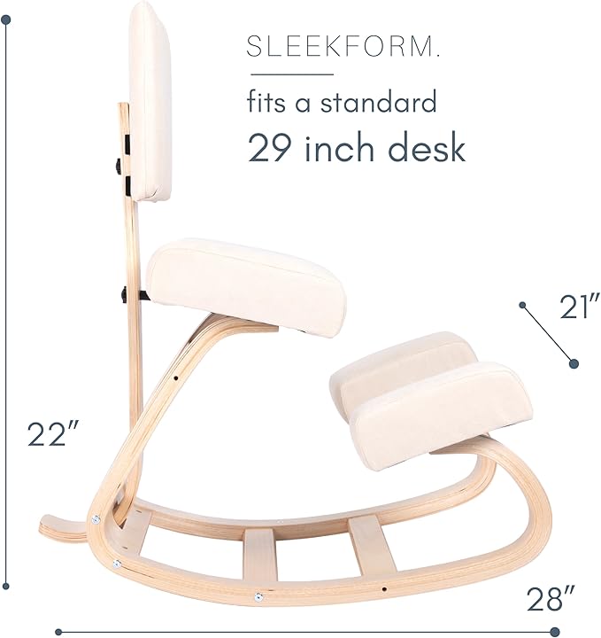 Sleekform East Austin Ergonomic Kneeling Chair with Back Support - Winter Linen and Wood Ergo Stool for Desk - Best Ergonomic Kneeling Office Chair for Posture and Leg Circulation