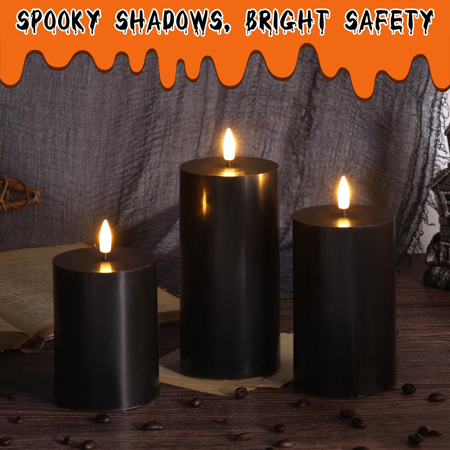 Girimax Black Halloween Flameless Candles with Remote, LED Pillar Candles Set of 3, Flickering Real Wax Electric Candles Battery Operated