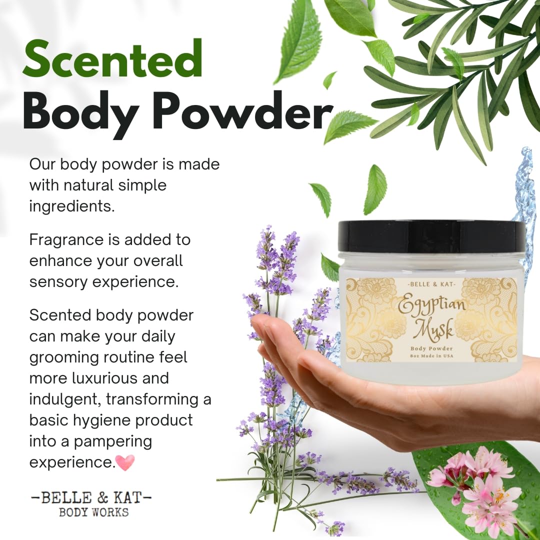 Egyptian Musk Scented Body Powder for Men & Women, Bath Perfume Dusting Powder with Fragrance & Essential Oils, Talc Free 8oz Container, Made in USA
