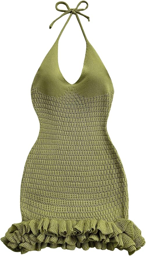 GORGLITTER Women's Crochet Halter Bubble Mini Dress Bow Backless Summer Bodycon Knit Dress Vacation Festival Outfits