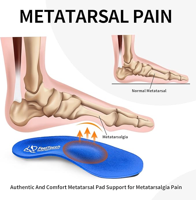 FeetTouch Strong High Arch Support Metatarsal Pad Orthotics for Morton's Neuroma,Ball of Foot Pain, Metatarsalgia Plantar Fasciitis Inserts with Poron Heel Cushion