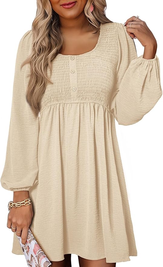 Dokotoo Womens 2026 Casual Dresses Smocked Crewneck Button Up Long Sleeve Empire Waist A-Line Mini Dress