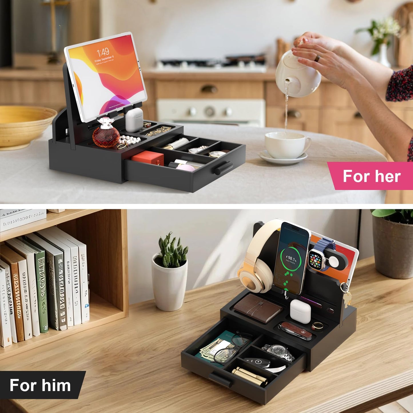 Vdamu Phone Docking Station for Men - Desk or Nightstand Organizer with Drawer - Birthday Gifts for Husband, Dad, Boyfriend,Him - Wooden Charging Station for Phone Watch Key Holder Wallet (Black)