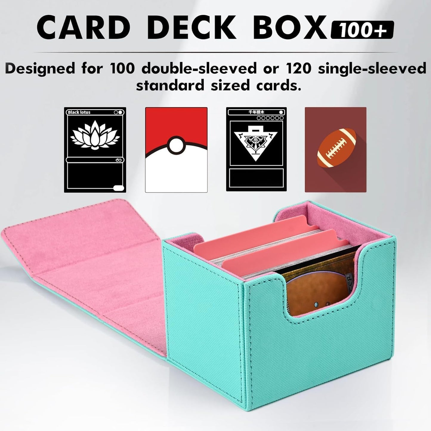ZLCA Card Deck Box for Trading Cards, MTG Commander Deck Box Holds 120+ Single Sleeved Cards, Leather Magnetic Card Storage Case Fits for TCG CCG (Turquois& Pink)